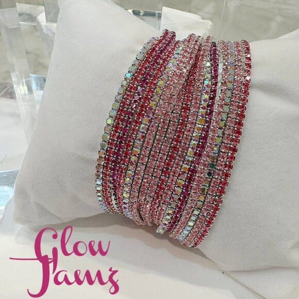 "Glow Jamz": Your Daily Dose of Dazzle Pink Rhinestone 10 Strand Stack Bracelet